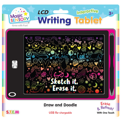 Magic Sensory LCD Interactive Writing Tablet packaging with colorful designs and text.