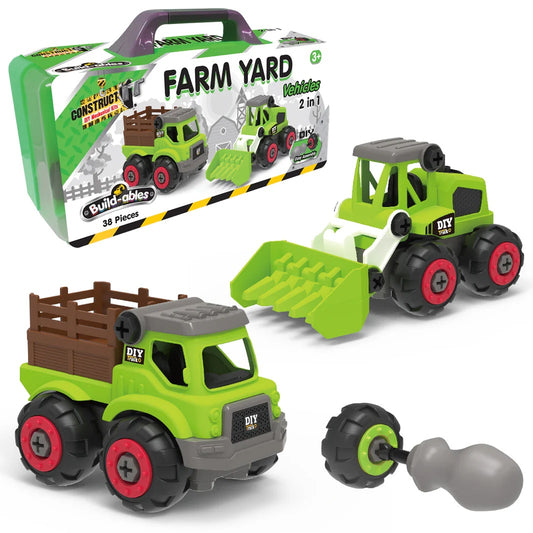 Toy truck set with green bulldozer and truck, and packaging labeled 'Farm Yard' on a white background.