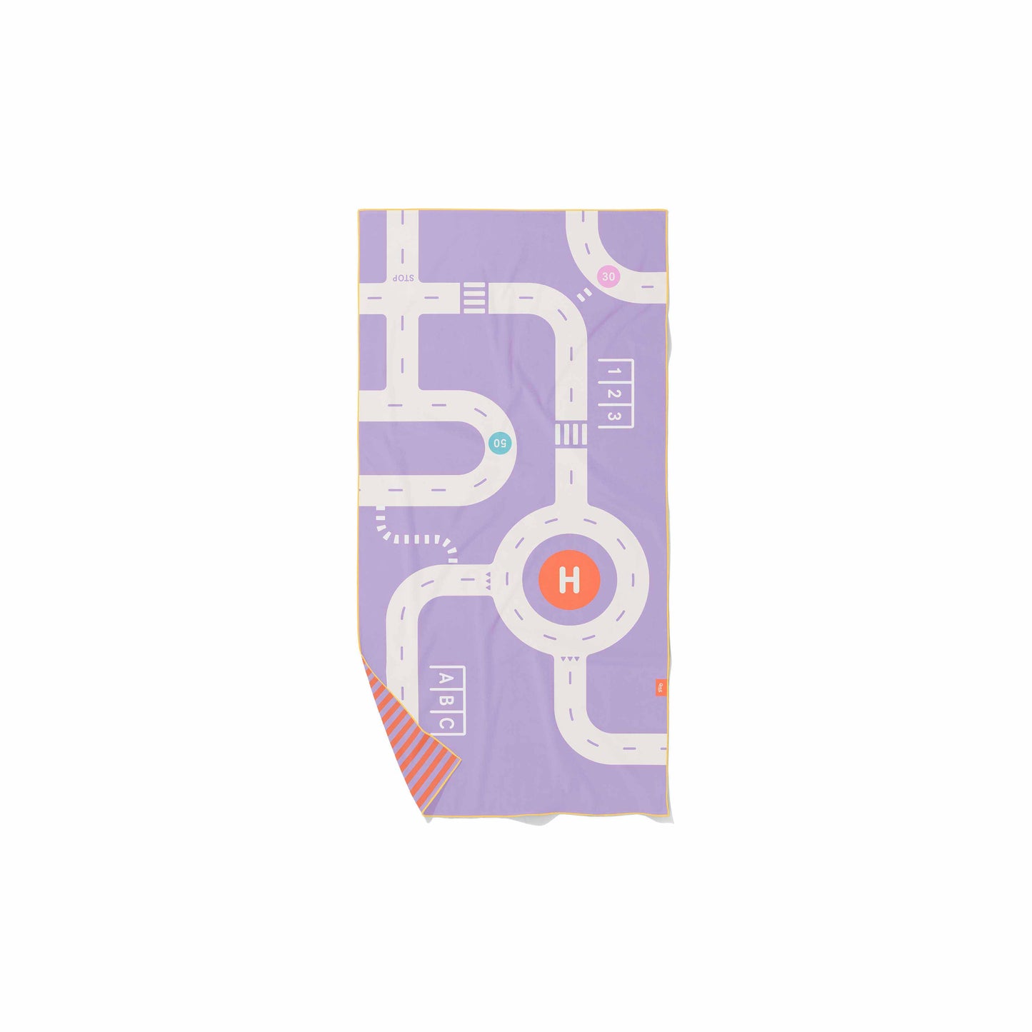 Purple towel with road map design on a white background