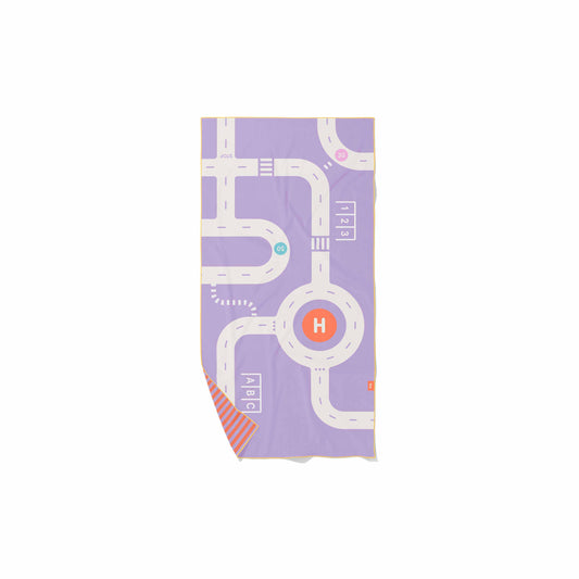 Purple towel with road map design on a white background