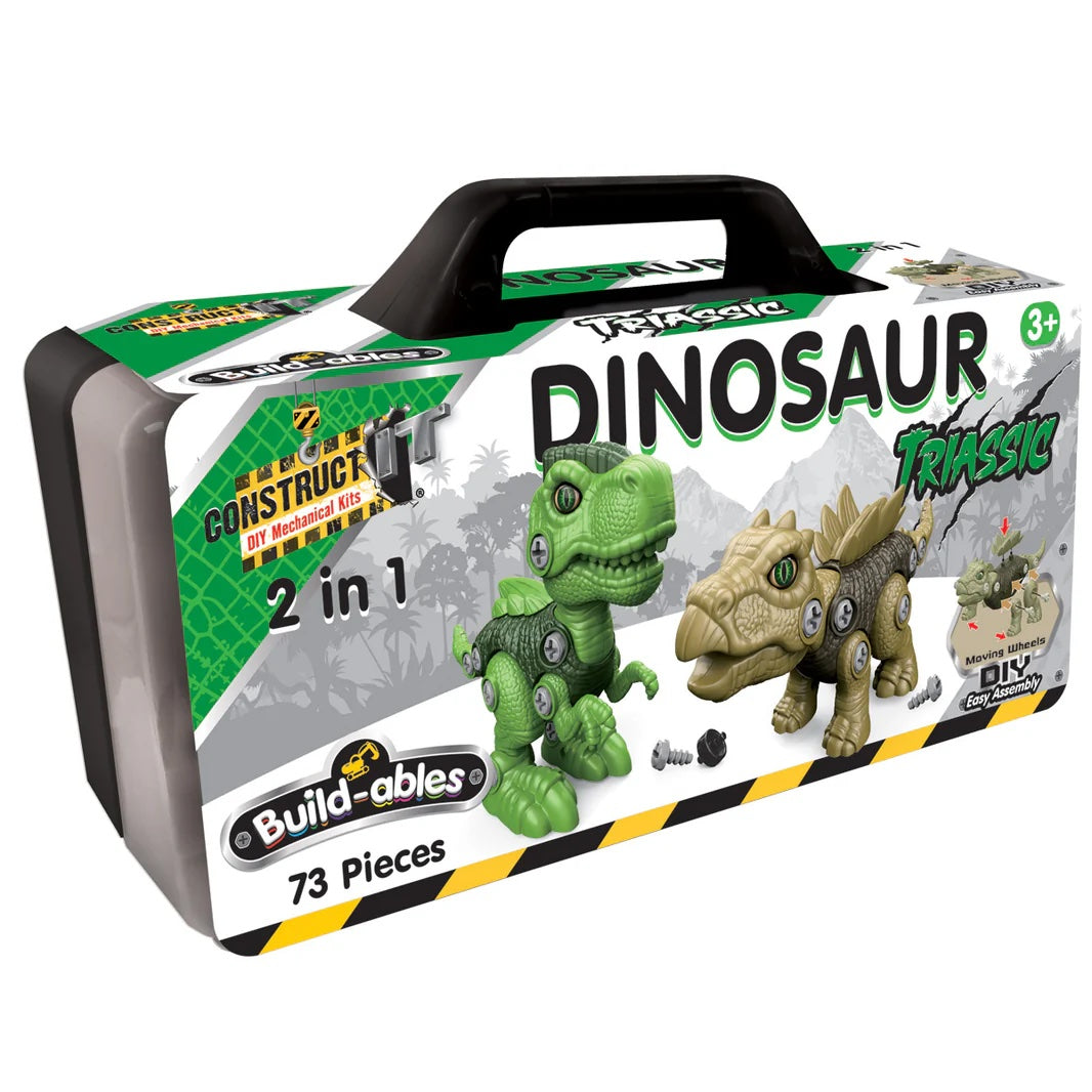 Dinosaur toy set packaging with two toy dinosaurs and building blocks on a white background
