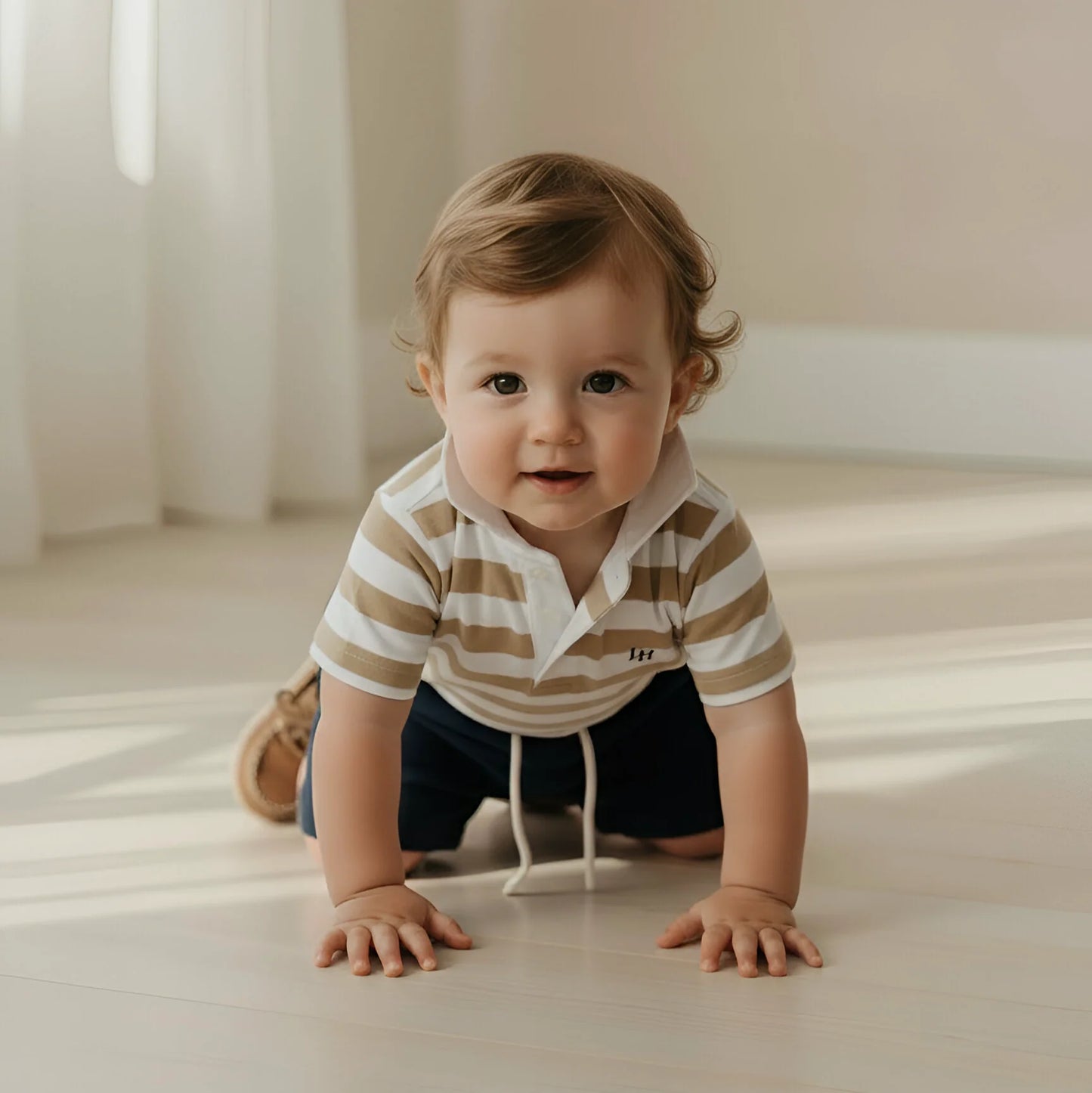 LOVE HENRY | RUGBY POLO ROMPER | BEIGE STRIPE