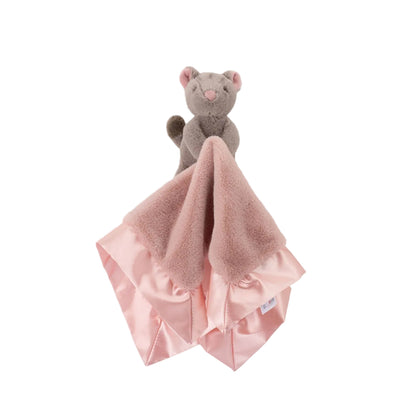 Gray plush toy with a pink blanket on a light gray background