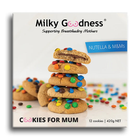 Packaging of Milky Goodness cookies for mum with Nutella and M&M's on a white background