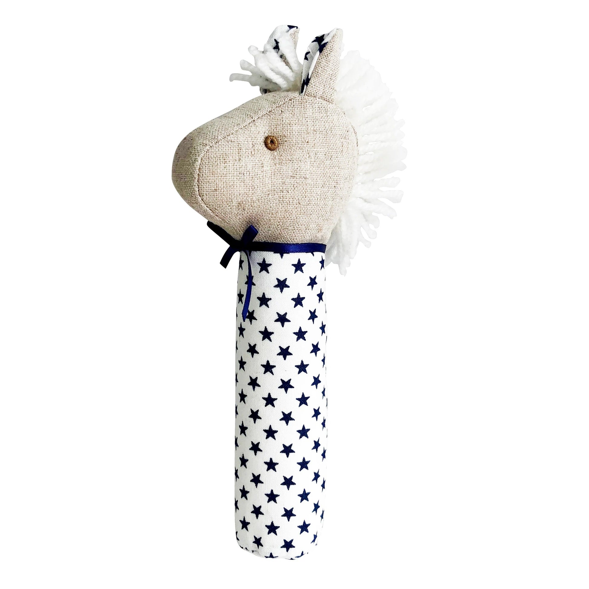 Stuffed animal toy with star-patterned fabric on a white background