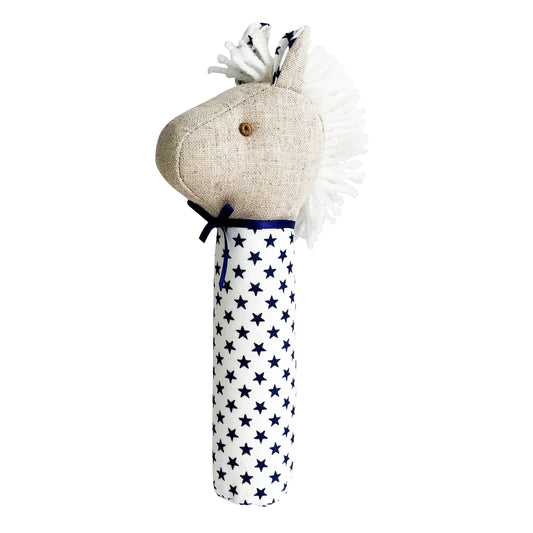 Stuffed animal toy with star-patterned fabric on a white background