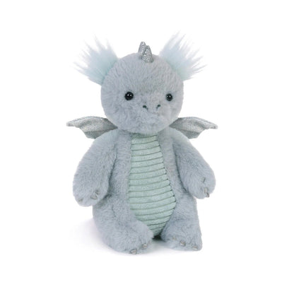 Plush dragon toy with a silver tiara on a white background