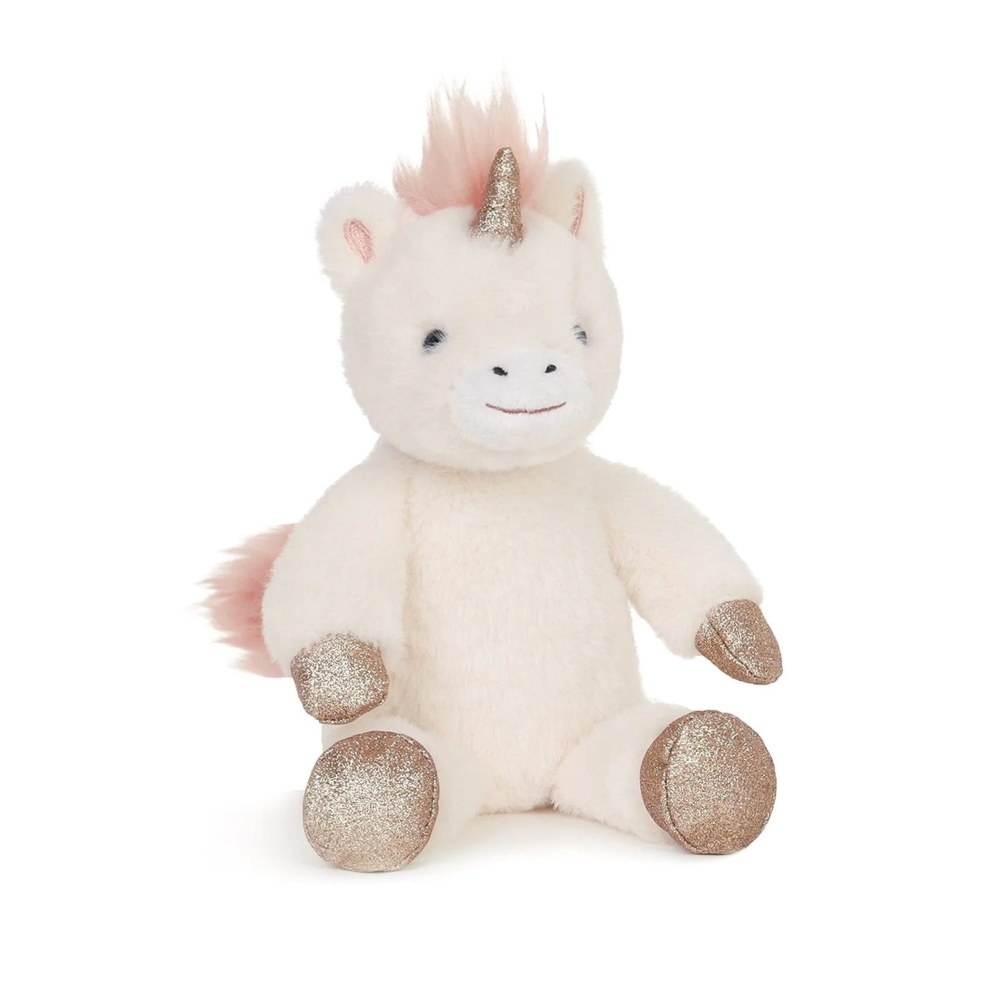 Plush unicorn toy with sparkly hooves and horn on a white background
