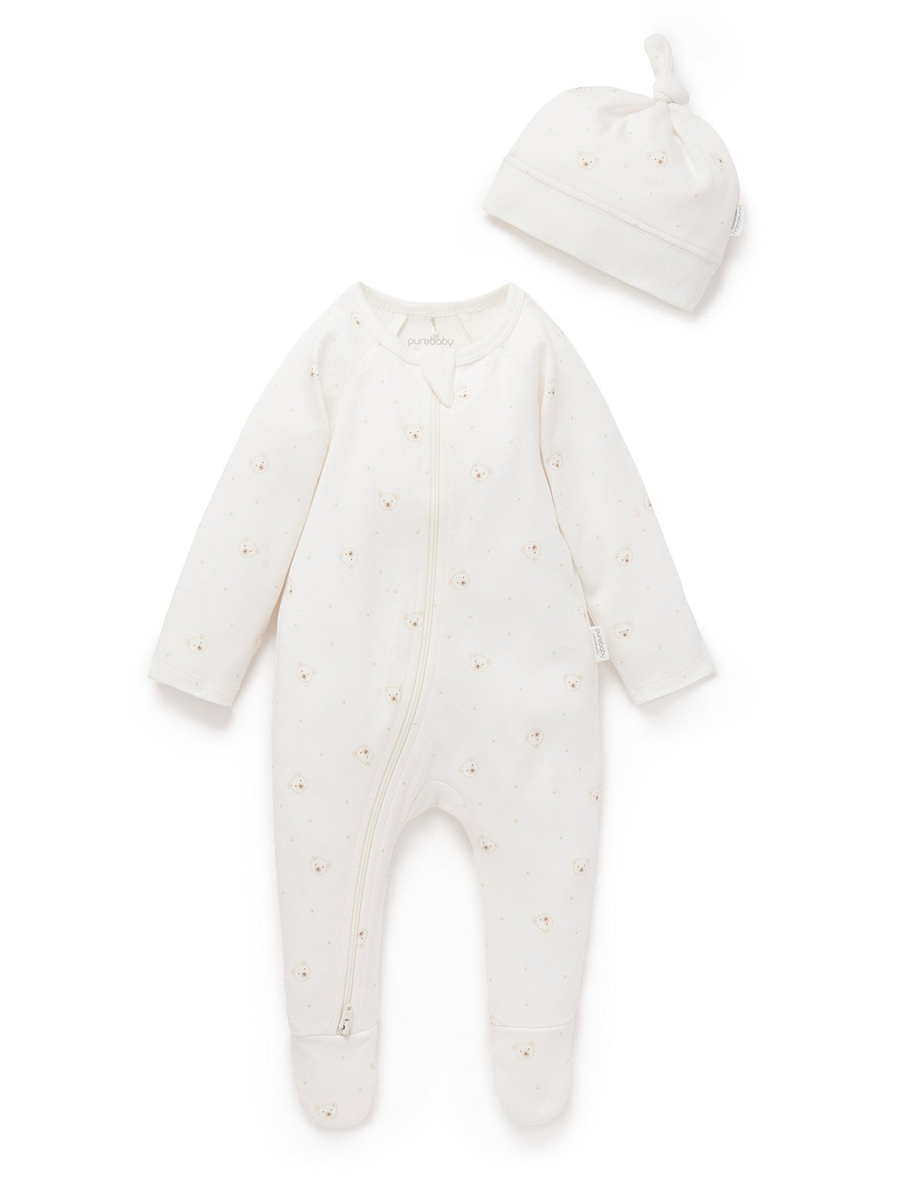 Purebaby Zip Growsuit and Hat Set - Vanilla Bear