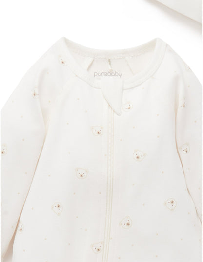 Purebaby Zip Growsuit and Hat Set - Vanilla Bear