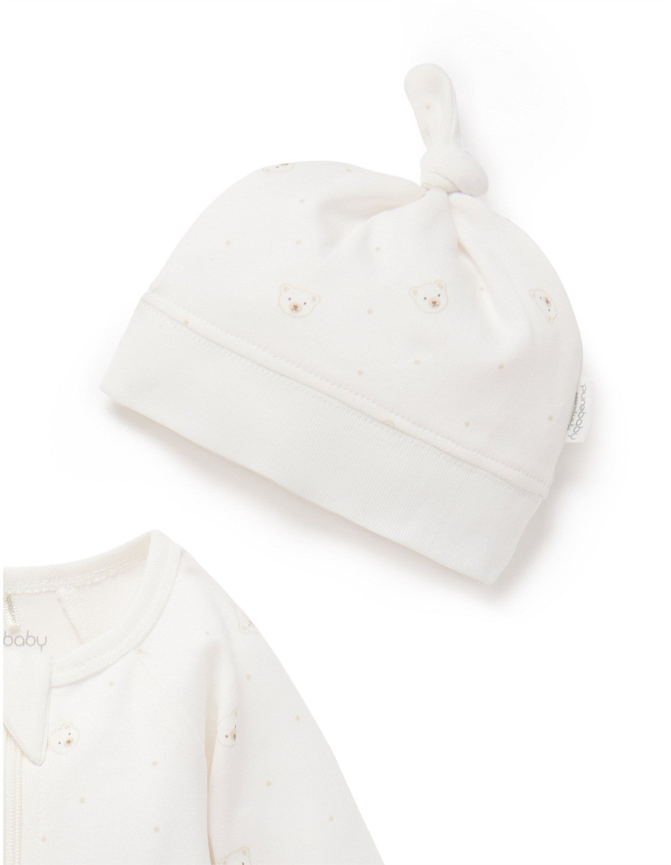 Purebaby Zip Growsuit and Hat Set - Vanilla Bear