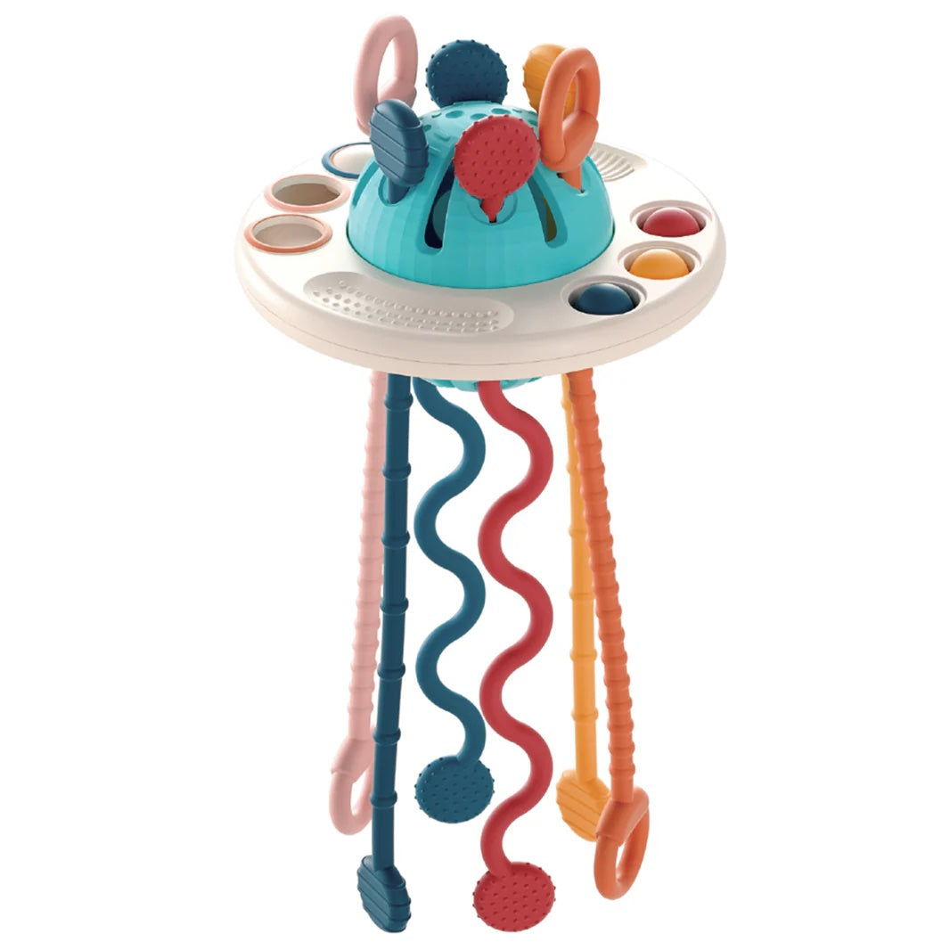 Colorful baby toy with hanging rattles on a white background