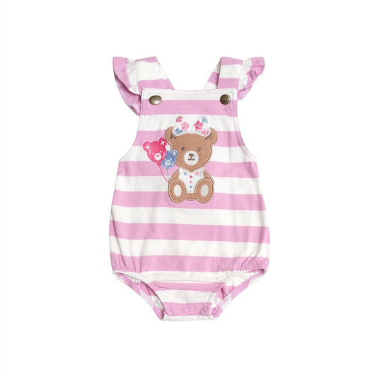 Pink and white striped baby romper with teddy bear design on a white background