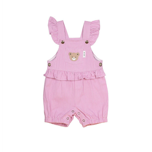 Pink striped baby romper with ruffled straps on a white background