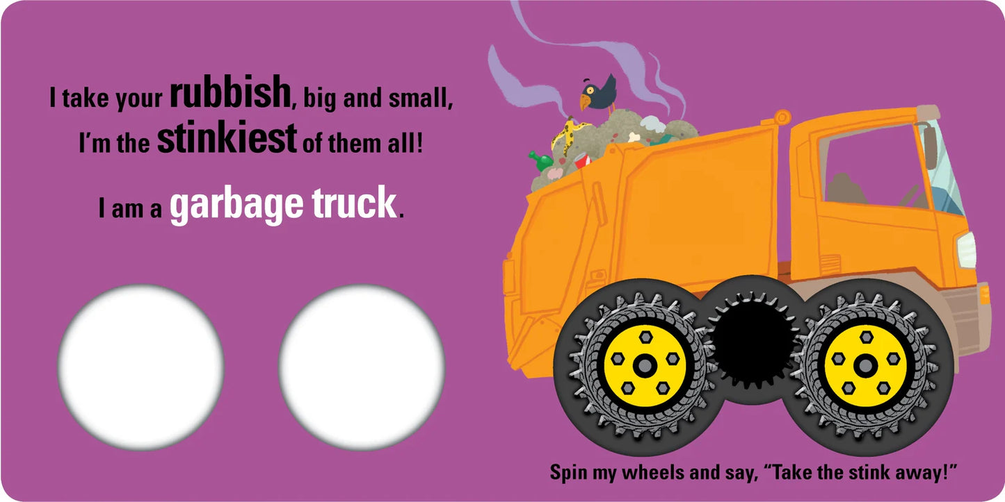 Kids Board Book - Let's Go Stinky Trucks - Spin Me Wheels - Angus & Dudley Collections