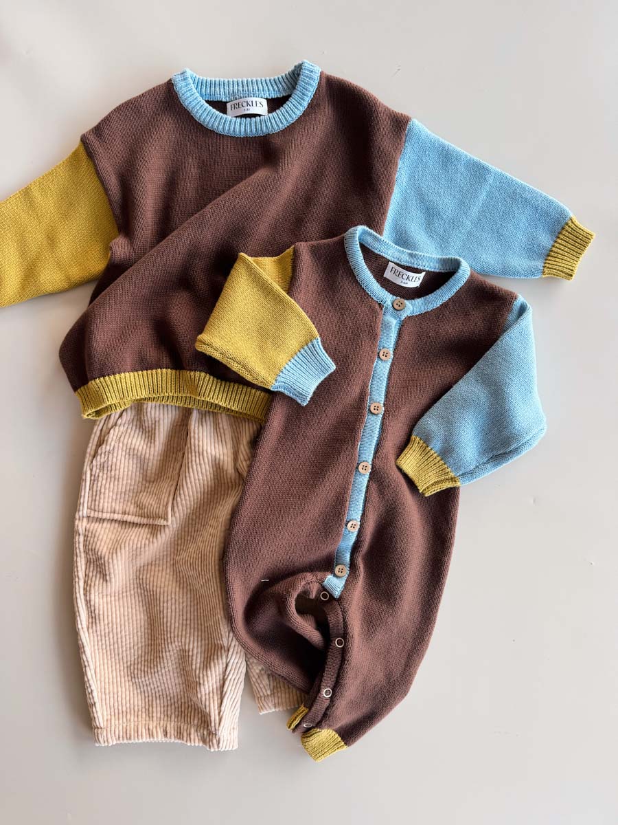 FRECKLES THE LABEL COTTON KNIT ROMPER | BROWN/BLUE/GREEN