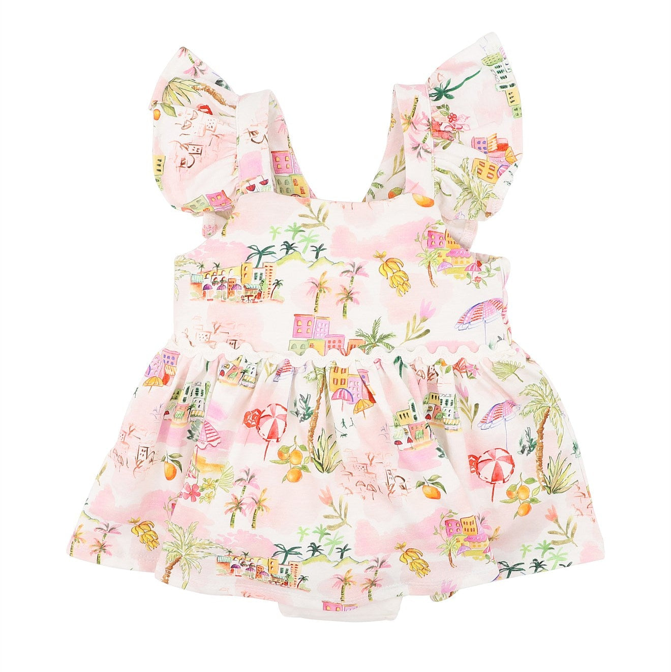 A baby girl's tiered romper dress in light pink with a colorful tropical beach-themed print, featuring ruffled shoulder straps and a gathered skirt.