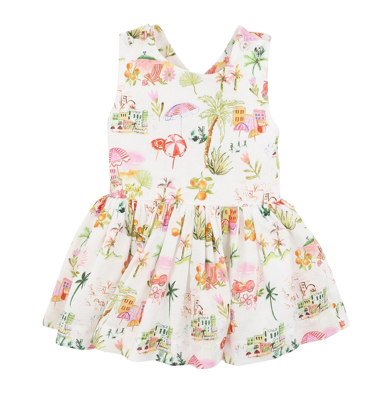 A sleeveless white baby dress with a colorful tropical print featuring palm trees, flamingos, umbrellas, and beach motifs, displayed on a solid white background.