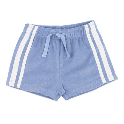 Light blue athletic shorts with white side stripes and a matching drawstring waist, shown flat on a white background.
