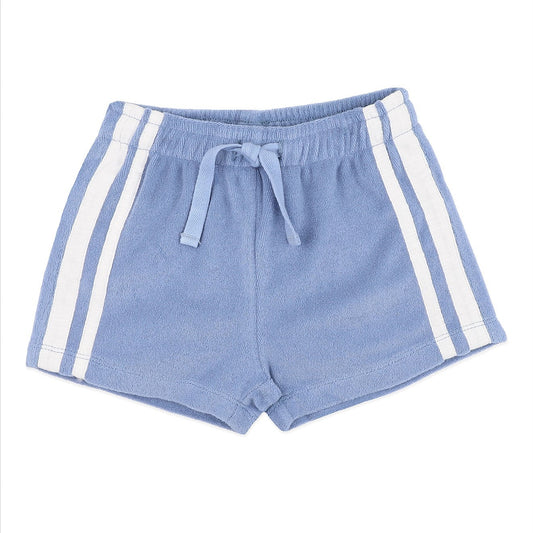 Light blue athletic shorts with white side stripes and a matching drawstring waist, shown flat on a white background.