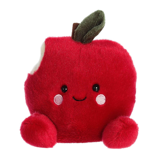 Plush toy shaped like a red apple with a smiling face on a white background