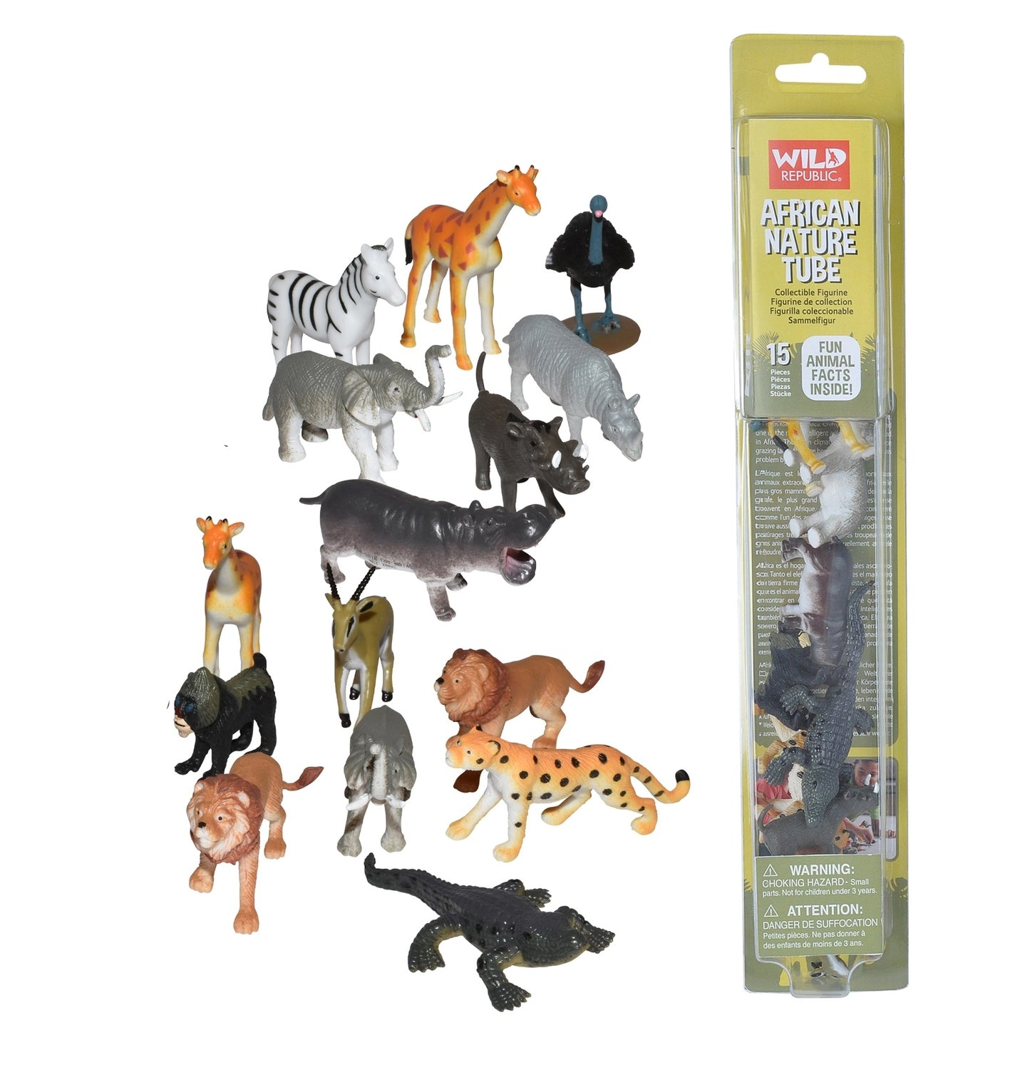 Assorted animal figurines with a packaging tube labeled 'African Nature Tube' on a white background.