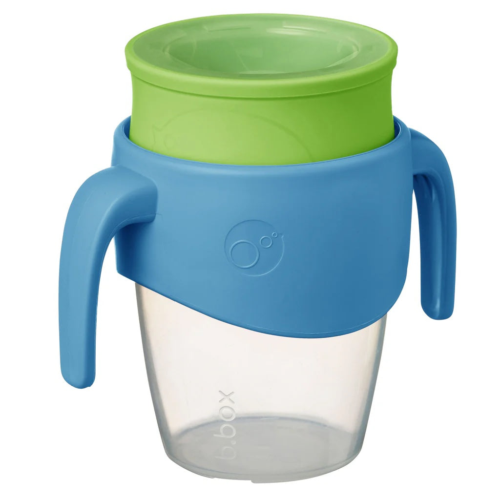 Blue and green sippy cup with clear base on a white background