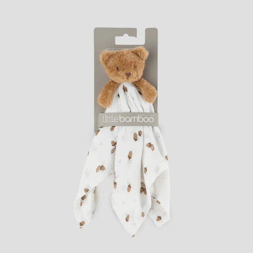 Teddy bear and swaddle blanket set on a gray background with 'little bamboo' branding.