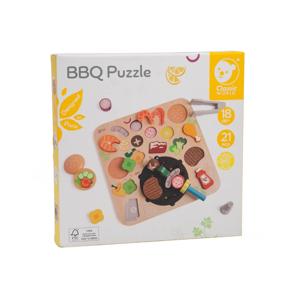 Boxed BBQ puzzle with colorful pieces on a white background