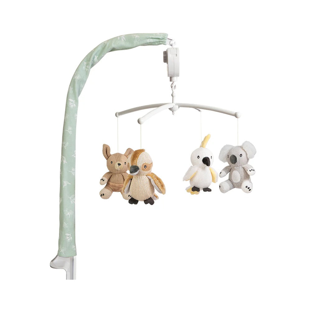 Baby mobile with teddy bears, a bird, and a koala on a white background