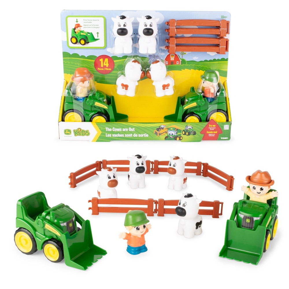 Toy set with tractors and animals on a white background