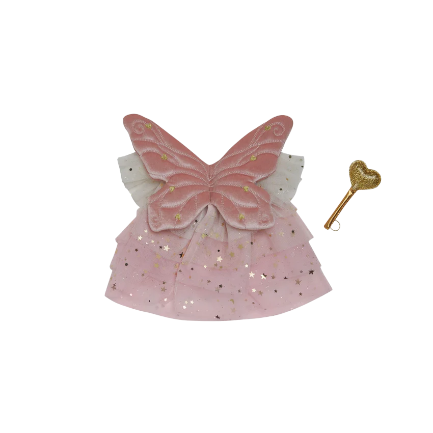 Pink fairy costume with butterfly wings and a gold heart-shaped wand on a white background