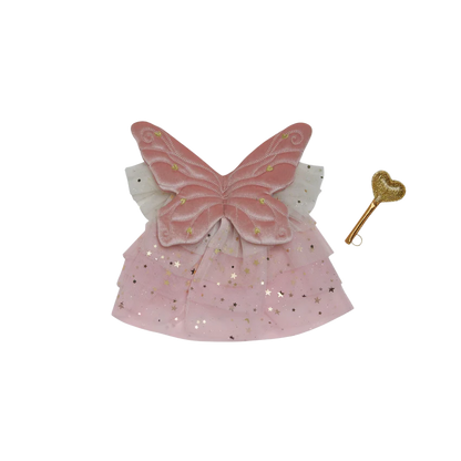 Pink fairy costume with butterfly wings and a gold heart-shaped wand on a white background