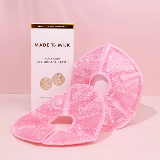 Pink gel breast packs with 'Made to Milk' packaging on a pink background