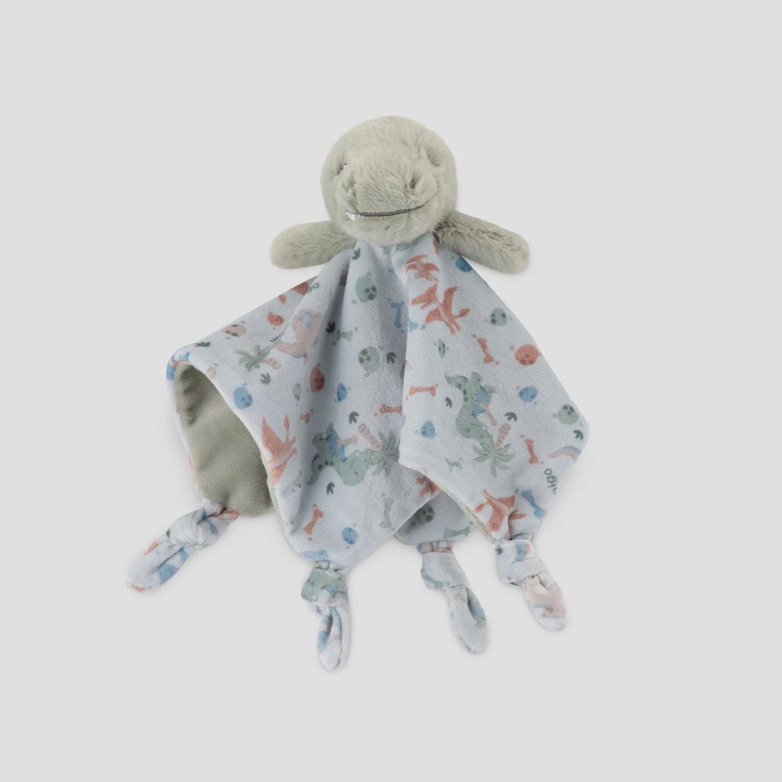 Baby comfort blanket with plush toy on a light gray background