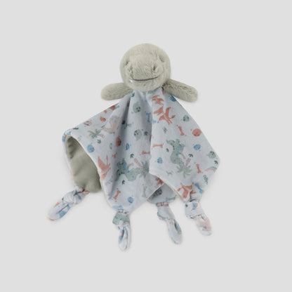 Baby comfort blanket with plush toy on a light gray background