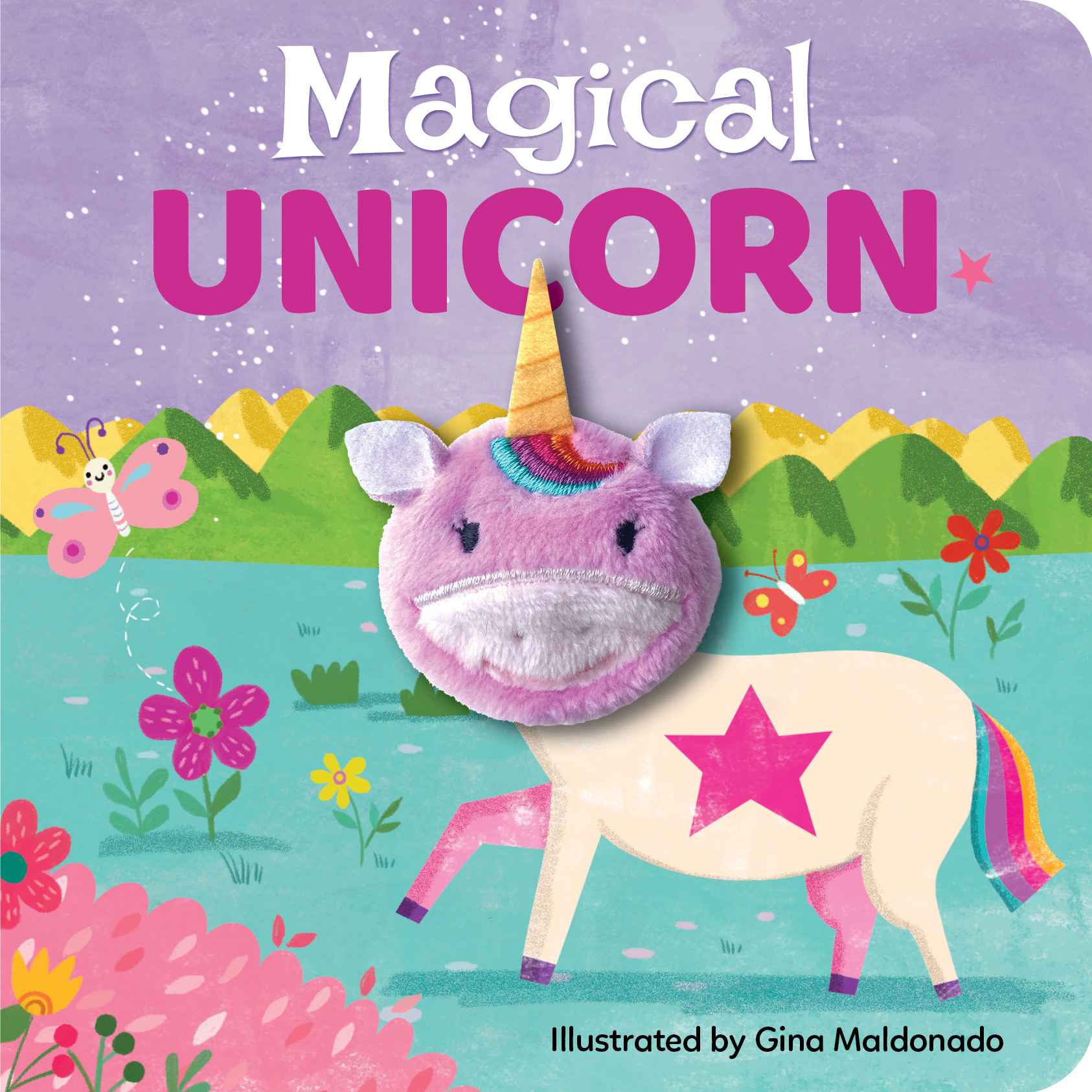 Children's book cover with a unicorn illustration on a purple background