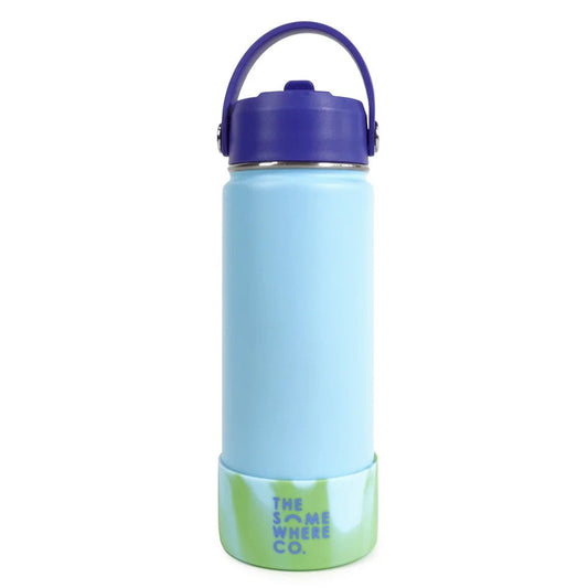 Light blue water bottle with purple lid and 'The Somewhere Co.' branding on a white background