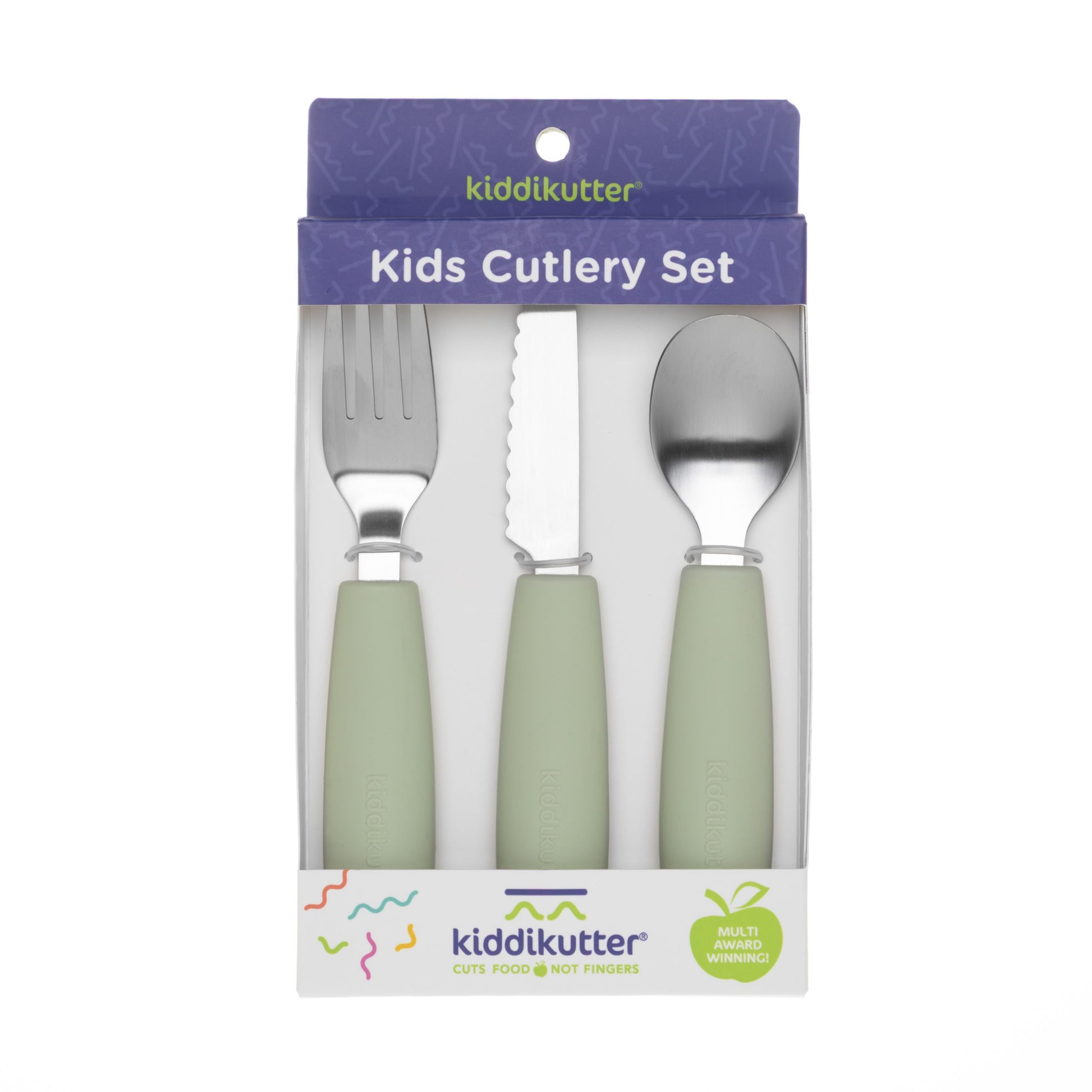 Kiddikutter kids cutlery set packaging with green handles on a white background