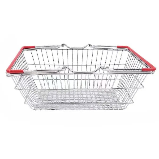 Metal shopping basket with red handles on a white background