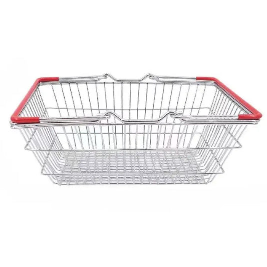 Metal shopping basket with red handles on a white background