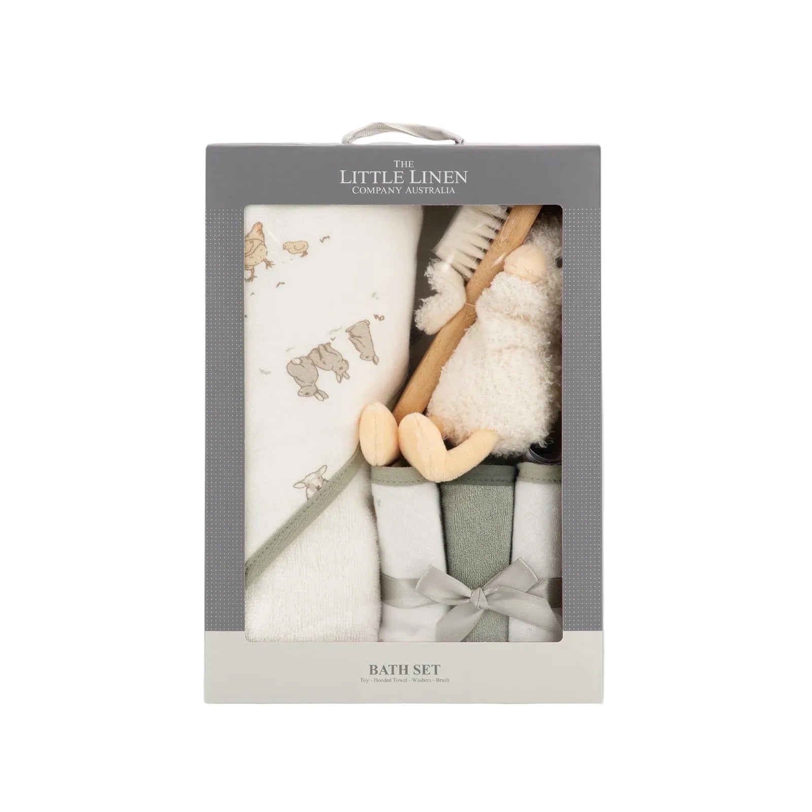 Baby bath set in packaging with 'The Little Linen Company' branding on a light gray background