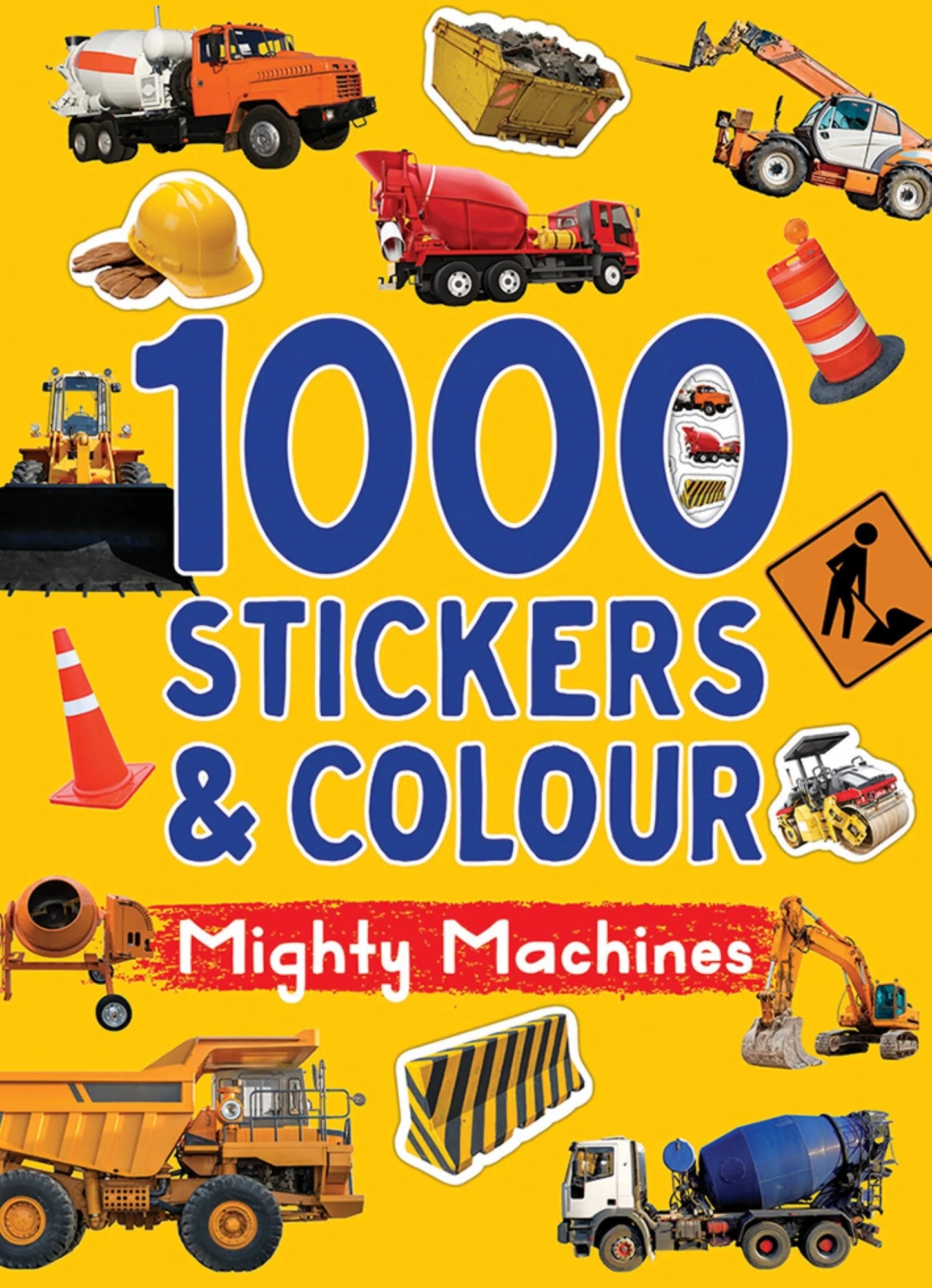 Book cover with construction vehicles and stickers on a yellow background