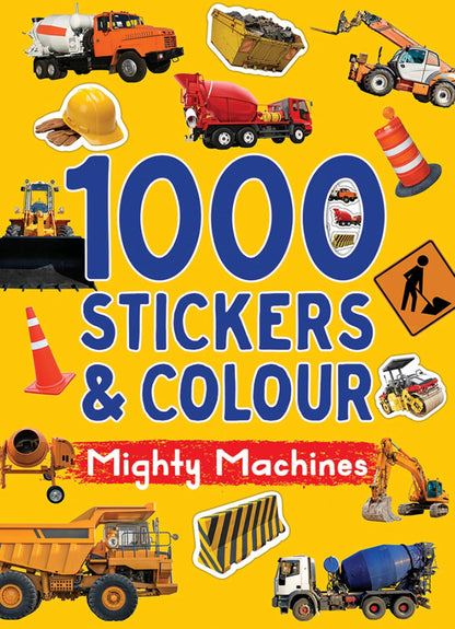 Book cover with construction vehicles and stickers on a yellow background