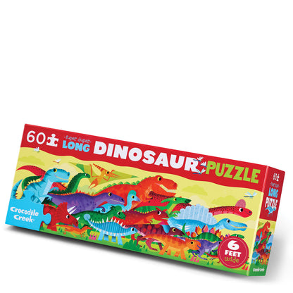 Dinosaur puzzle box with colorful illustrations on a white background