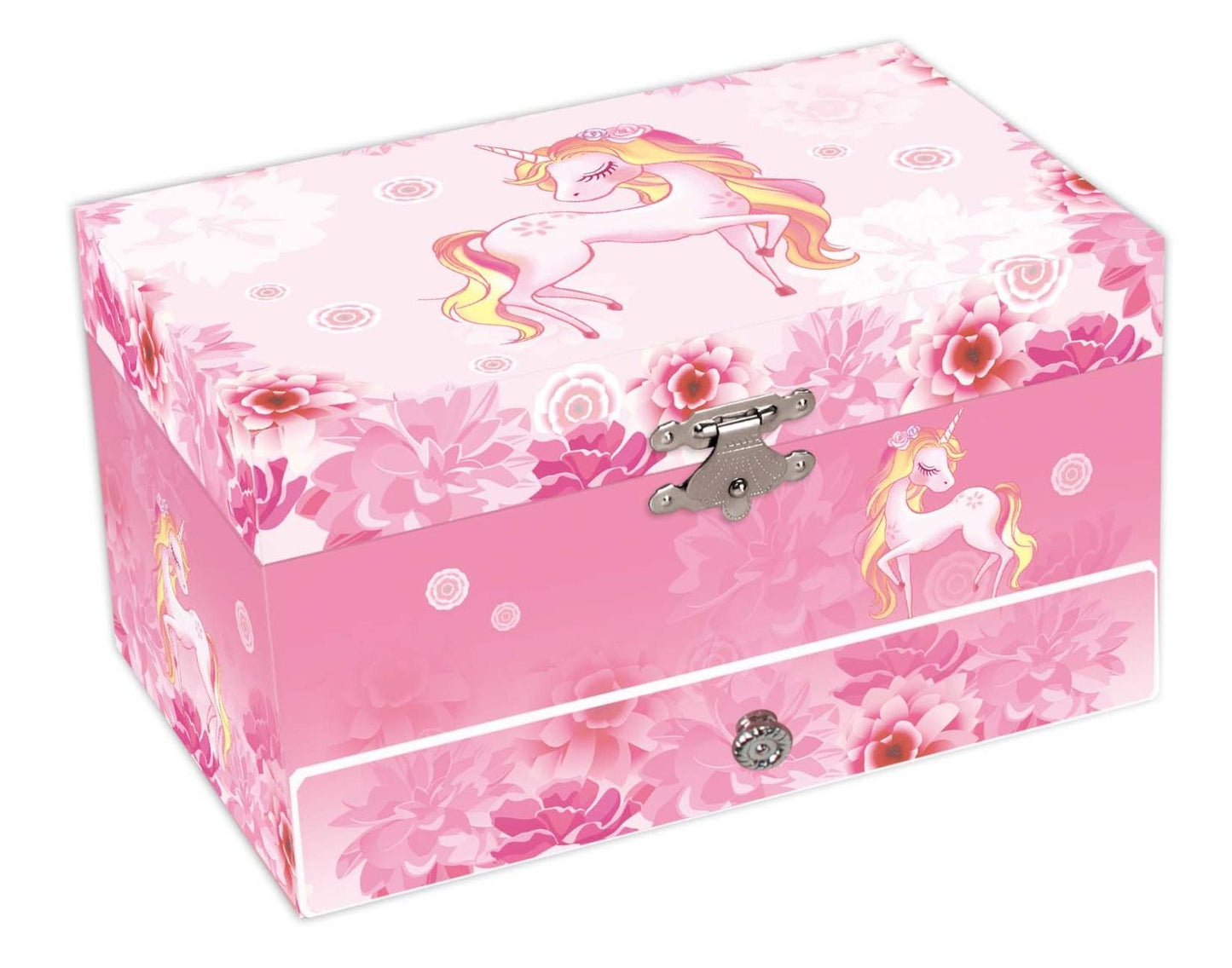 Pink jewelry box with unicorn design on a white background