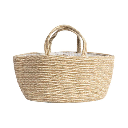 Beige woven basket with handles on a white background
