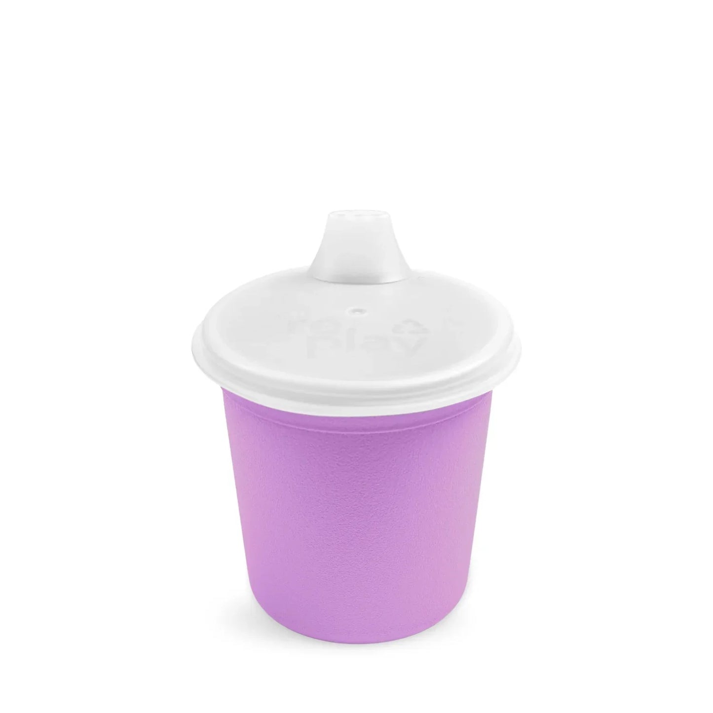 Purple sippy cup with a white lid on a white background