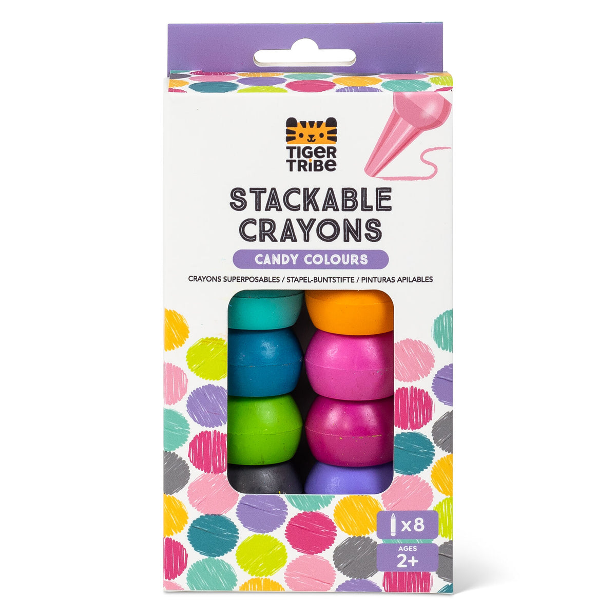 Packaging of Tiger Tribe stackable crayons with colorful design