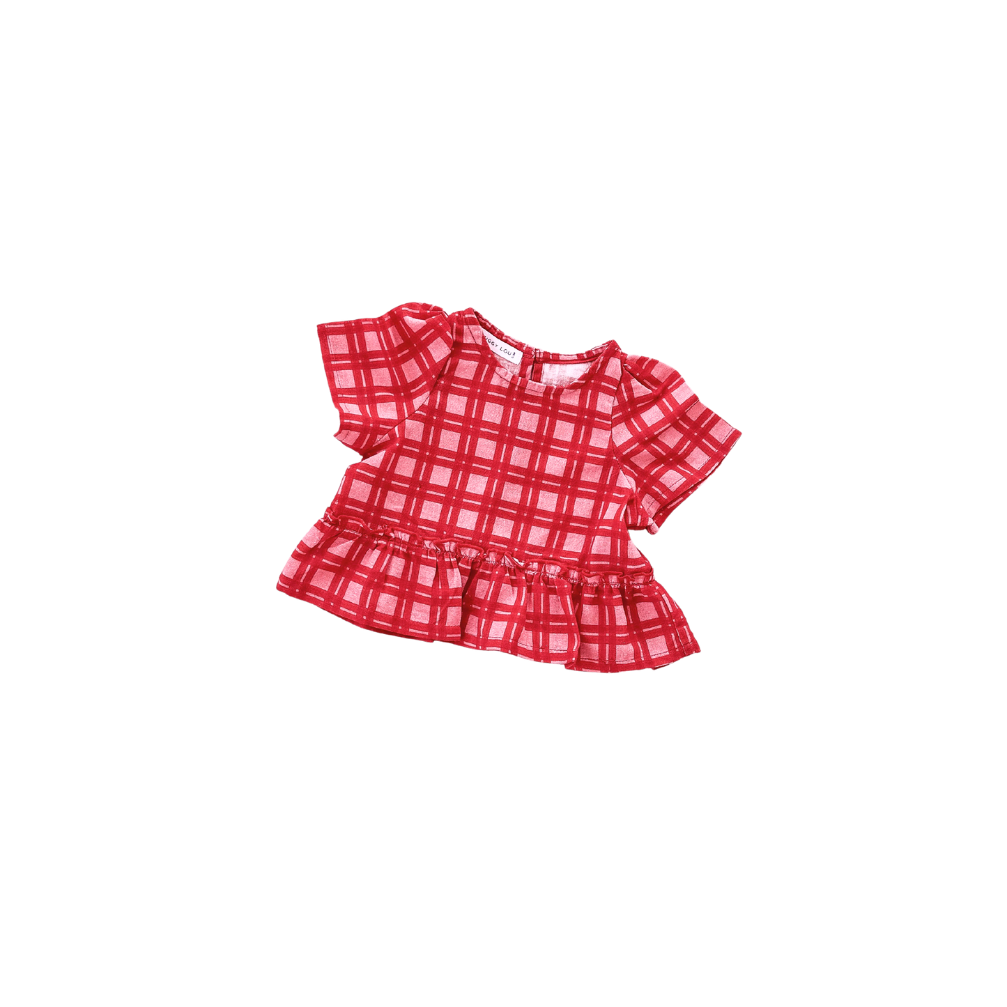 Red checkered blouse with ruffled sleeves on a white background